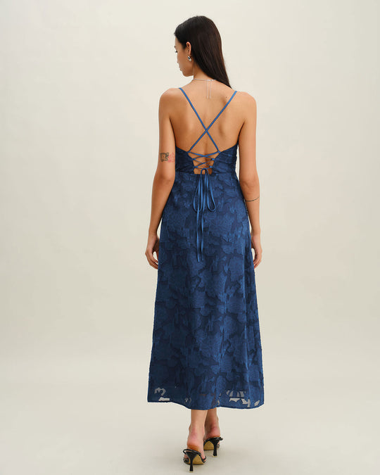 Jerely-Navy Jacquard Slip Backless Maxi Dress