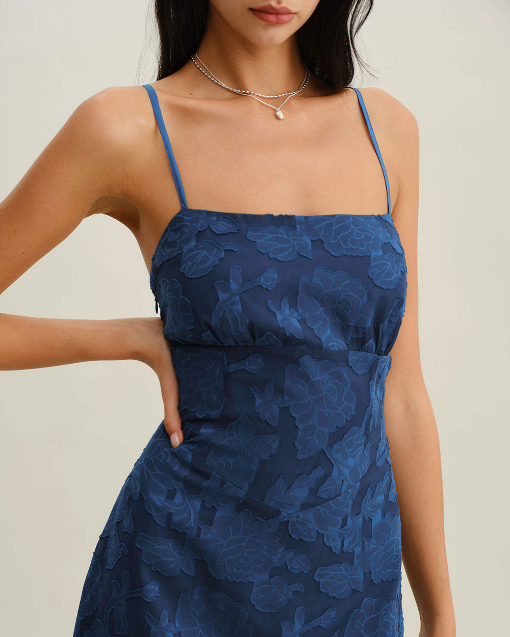 Jerely-Navy Jacquard Slip Backless Maxi Dress