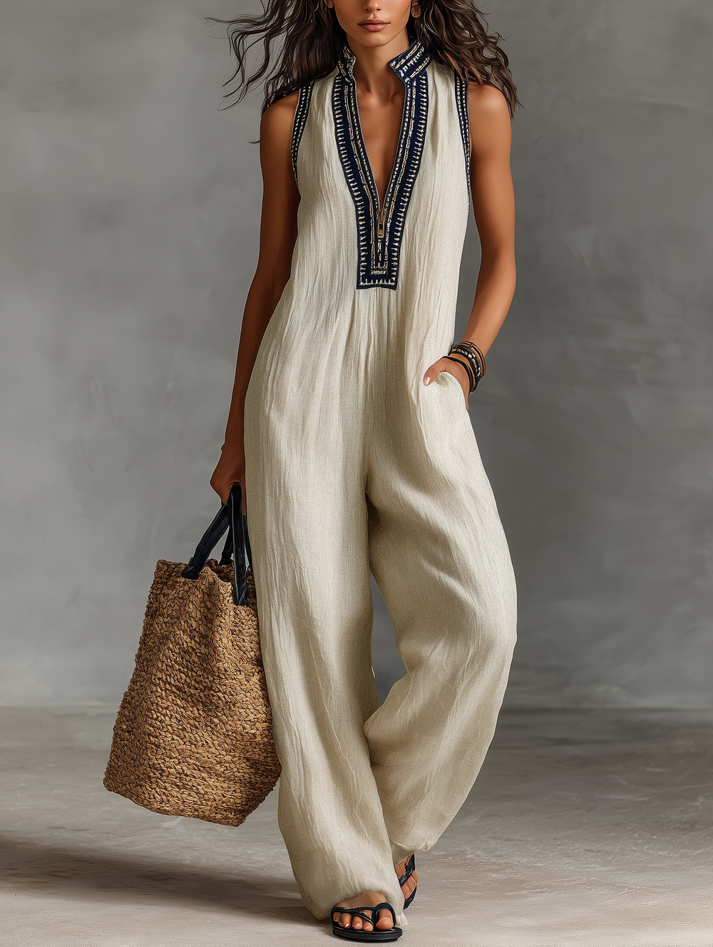 Elizabeth- High Neck Embroidered Zip Jumpsuit