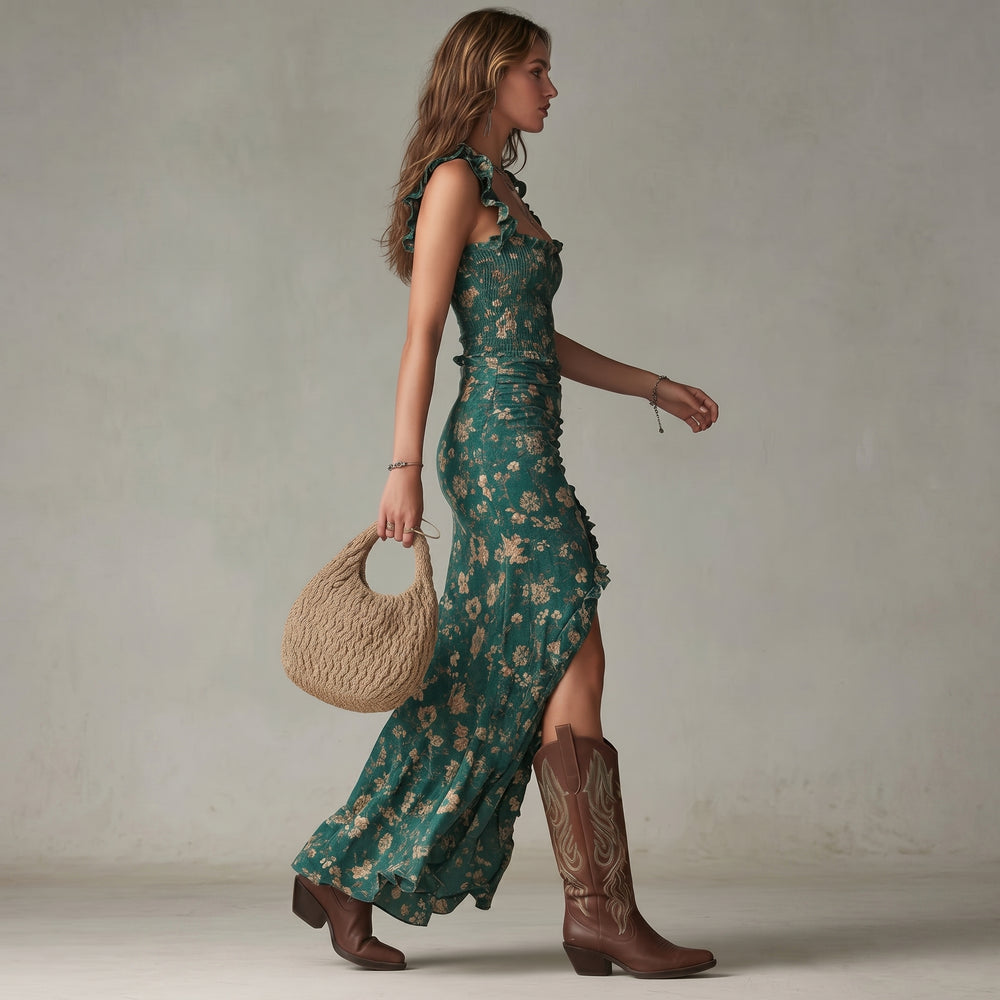 Soleia | Green Retro Print Maxi Dress with Flowing Sleeves
