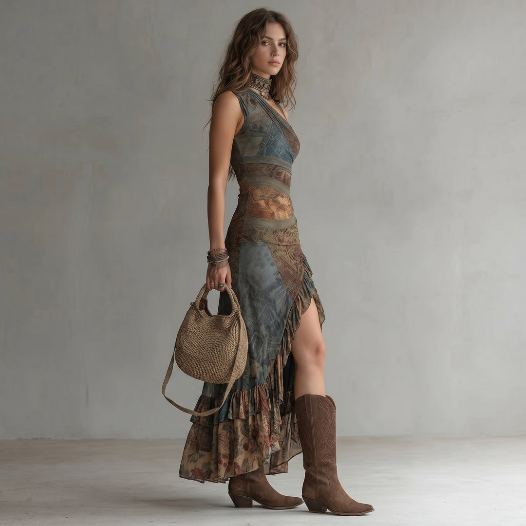 Elena Asymmetric One-Shoulder Maxi Dress with Ethnic Print &amp; Side Slit