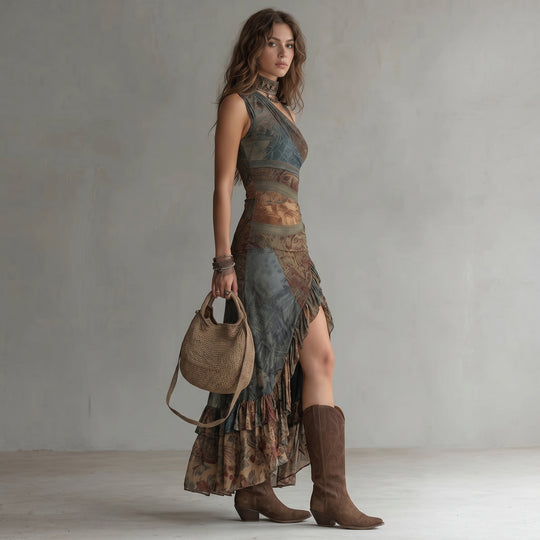 Elena Asymmetric One-Shoulder Maxi Dress with Ethnic Print &amp; Side Slit