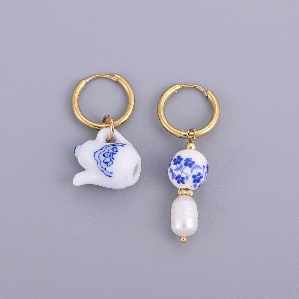 Blue &amp; White Tea Kettle Mix-Matched Earrings