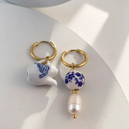 Blue &amp; White Tea Kettle Mix-Matched Earrings