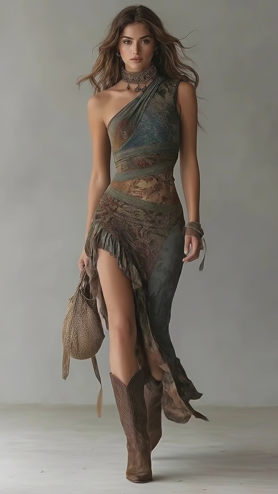Elena Asymmetric One-Shoulder Maxi Dress with Ethnic Print &amp; Side Slit