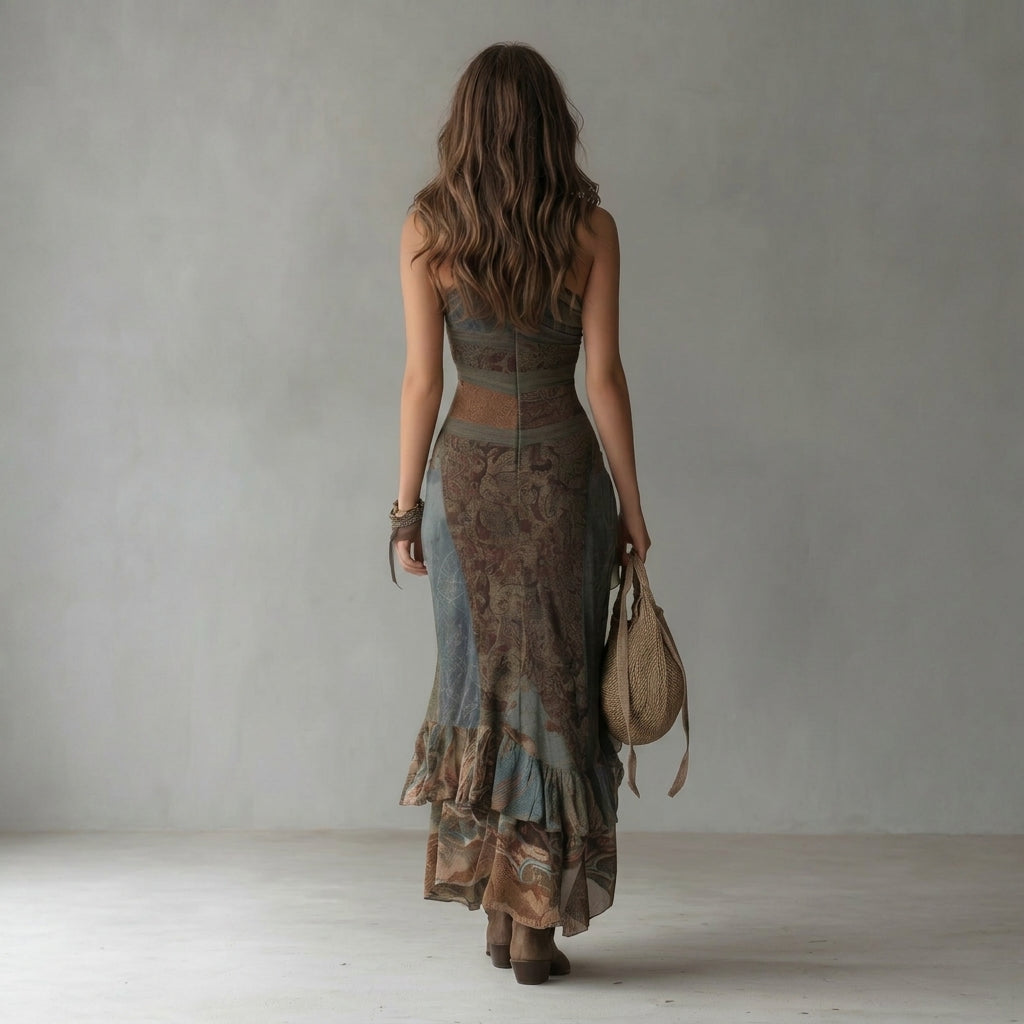 Elena Asymmetric One-Shoulder Maxi Dress with Ethnic Print &amp; Side Slit